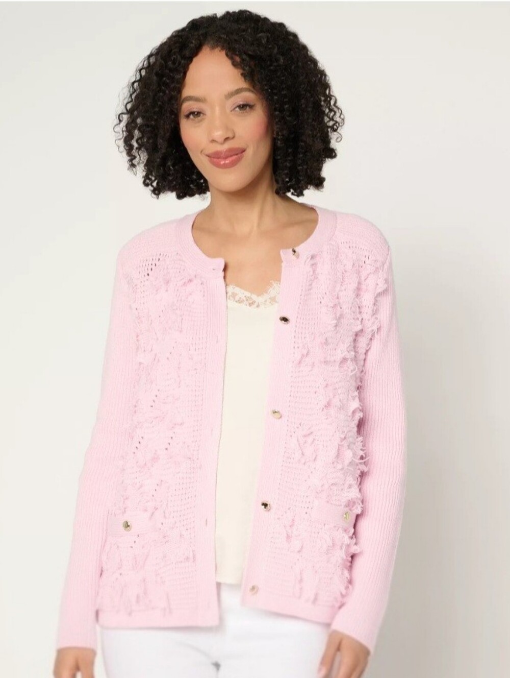 NWT Susan Graver Textured Fringe Knit Button Front Cardigan Size-Medium